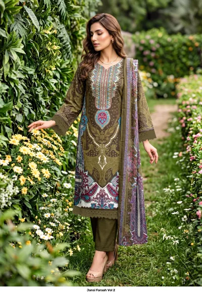 Jansi Faraah Vol 2 olive green salwar suit with paisley and floral prints, thread work, and matching dupatta.