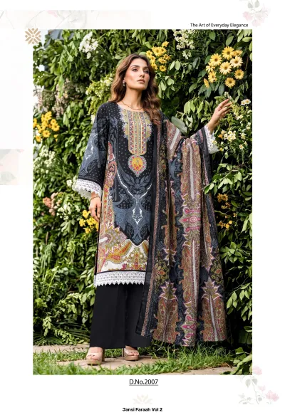 Jansi Faraah Vol 2 black salwar suit with vibrant floral print panels, intricate thread work, and a patterned dupatta.