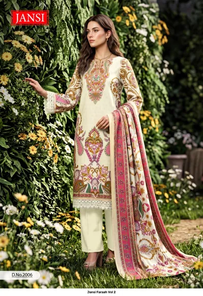 Jansi Faraah Vol 2 cream-colored salwar suit with pink and gold floral motifs, thread work, and embroidered dupatta.