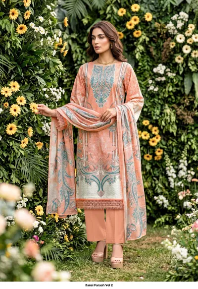 Jansi Faraah Vol 2 peach salwar suit featuring intricate printed patterns, thread work, and a matching dupatta.