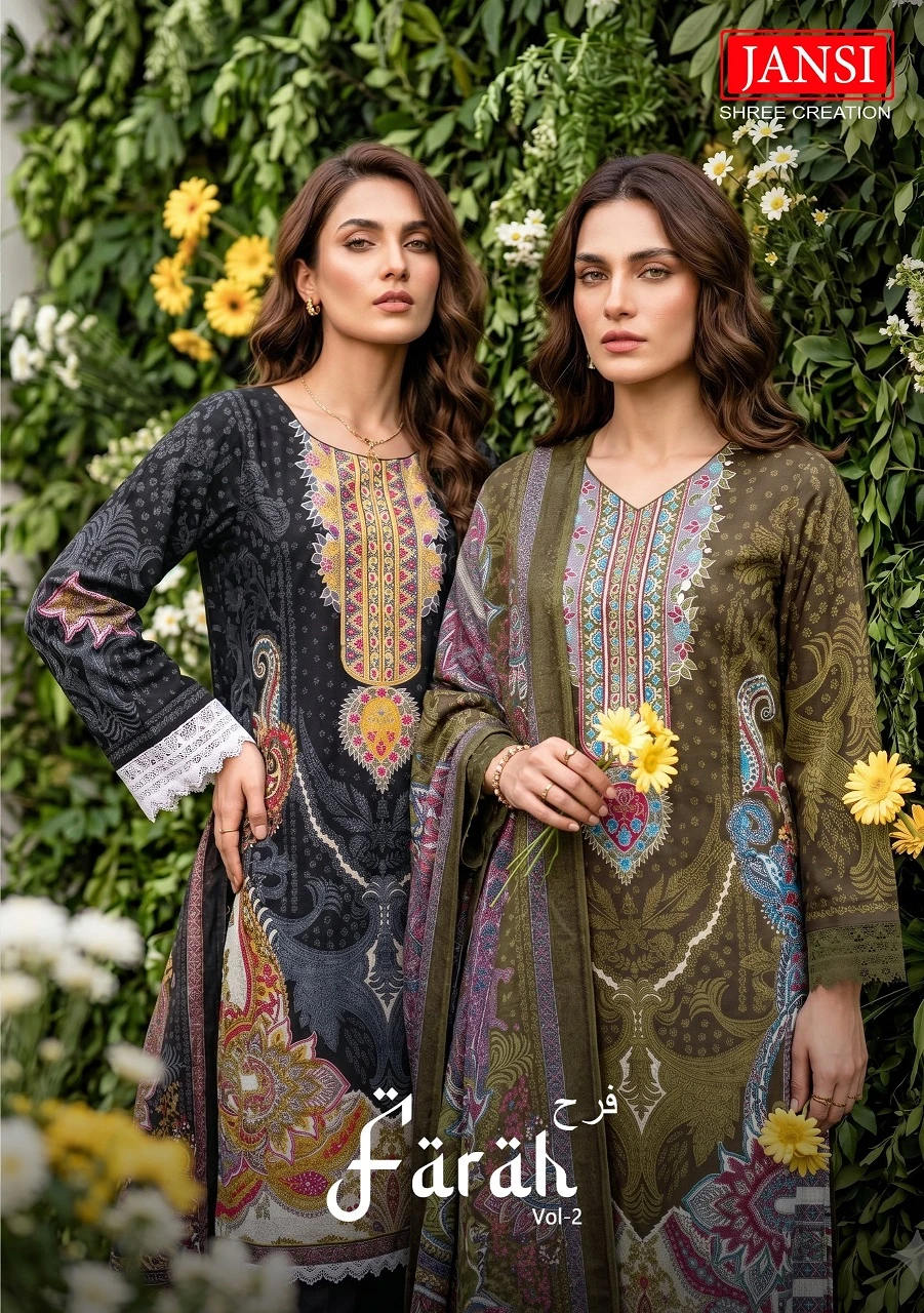 Jansi Faraah Vol 2 - Readymade Dress catalog cover featuring various designs of printed salwar suits in different colors.