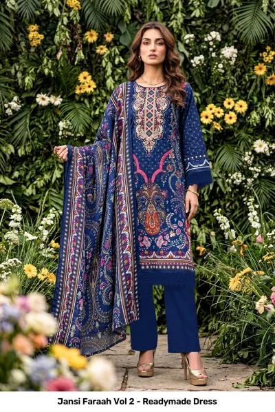 Jansi Faraah Vol 2 - Readymade Dress blue printed salwar suit with long sleeves and matching dupatta.