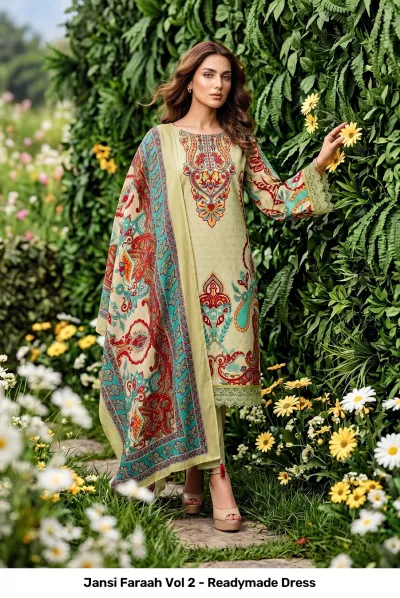 Jansi Faraah Vol 2 - Readymade Dress beige printed salwar suit with colorful paisley patterns and matching dupatta.