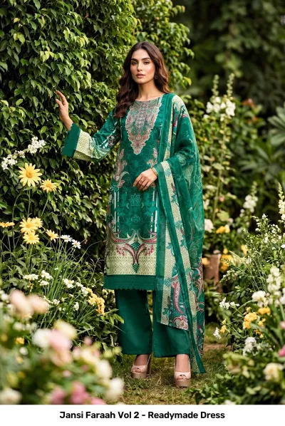 Jansi Faraah Vol 2 - Readymade Dress green printed salwar suit with intricate patterns and matching dupatta.