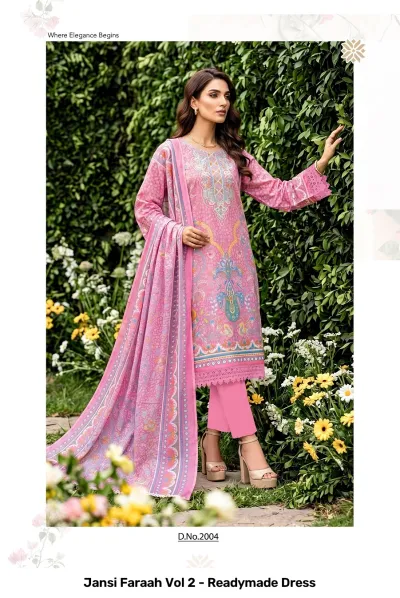Jansi Faraah Vol 2 - Readymade Dress pink printed salwar suit with long sleeves, lace trim, and matching dupatta.