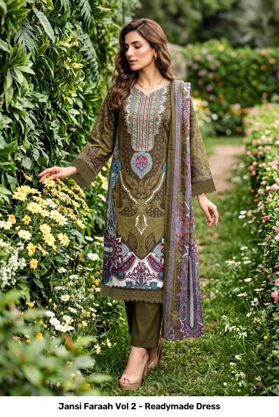 Jansi Faraah Vol 2 - Readymade Dress olive green printed salwar suit with detailed patterns and matching dupatta.