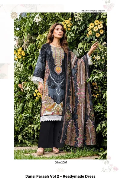 Jansi Faraah Vol 2 - Readymade Dress black printed salwar suit with paisley patterns, lace trim, and matching dupatta.
