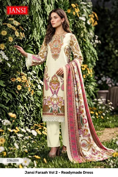 Jansi Faraah Vol 2 - Readymade Dress off-white printed salwar suit with floral paisley motifs and matching dupatta.