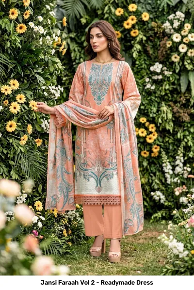 Jansi Faraah Vol 2 - Readymade Dress peach printed salwar suit with blue accents and matching dupatta.