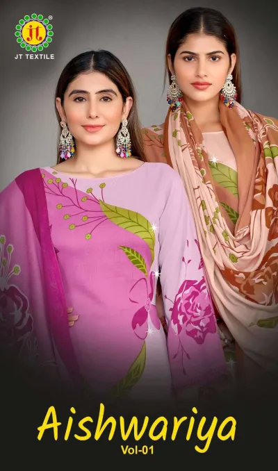Jt Aishwariya Vol 1 catalog cover showing models in floral printed salwar suits with matching dupattas in pink and beige.