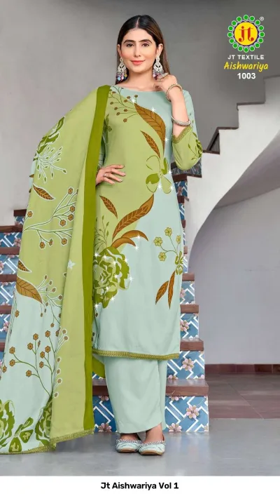 Jt Aishwariya Vol 1 green floral printed salwar suit featuring a matching dupatta and subtle decorative embellishments on the fabric.
