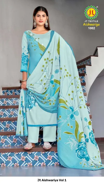 Jt Aishwariya Vol 1 light blue salwar suit with floral prints on the kurta and dupatta, paired with plain trousers.