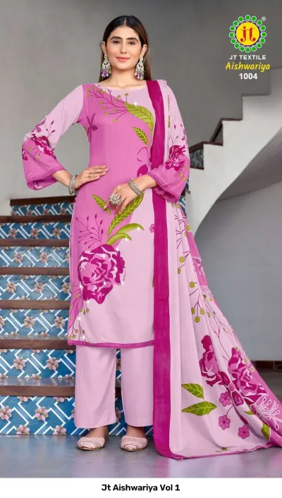 Jt Aishwariya Vol 1 pink salwar suit featuring large floral prints on the kurta and a matching printed dupatta.