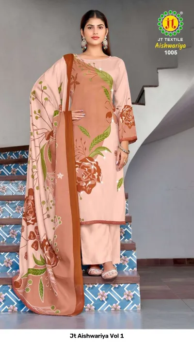 Jt Aishwariya Vol 1 peach-colored floral printed salwar suit with a coordinated dupatta, styled with a kurta and matching trousers.