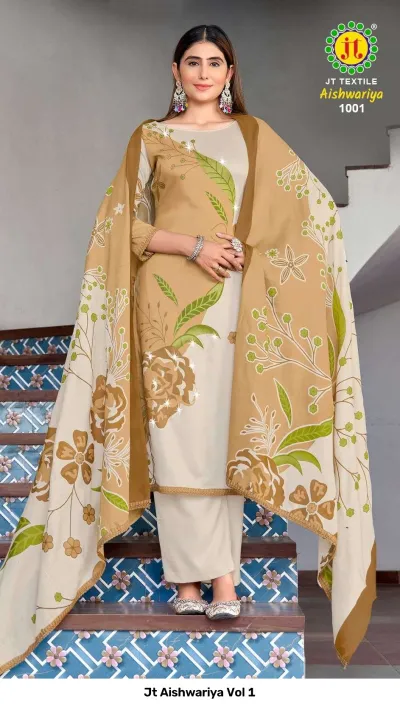 Jt Aishwariya Vol 1 beige floral printed salwar suit with a matching dupatta and plain bottoms, featuring light decorative fabric work.