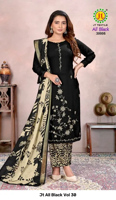 Jt All Black Vol 30, a model showcasing a black salwar suit featuring floral thread work embroidery and patterned beige trousers and dupatta.