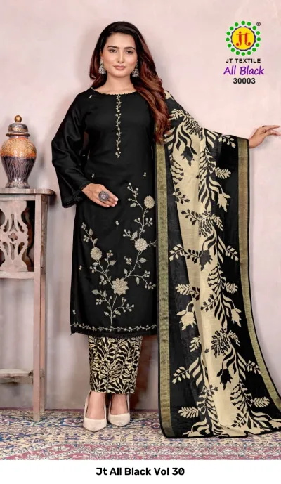 Jt All Black Vol 30, a model displaying a black kurti with thread work embroidery and matching printed beige bottom and dupatta.
