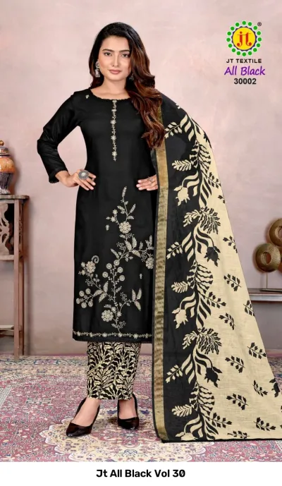 Jt All Black Vol 30, a model wearing a black salwar suit set, featuring delicate thread work and a patterned beige dupatta.