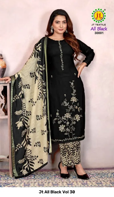 Jt All Black Vol 30, a model in a black salwar suit with floral thread work, paired with printed beige trousers and a dupatta.