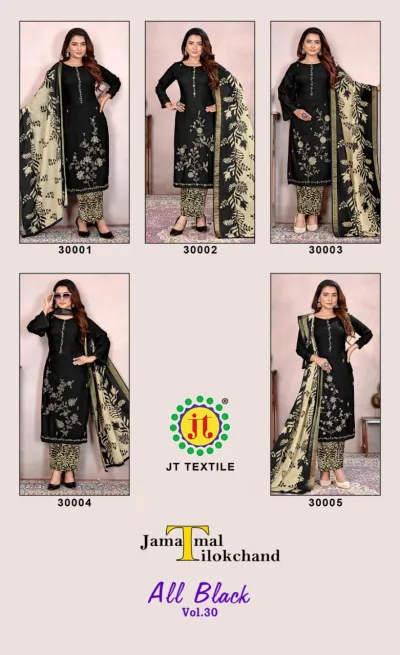 Jt All Black Vol 30, a catalog cover image displaying a collection of five different black salwar suit designs with thread work and prints.