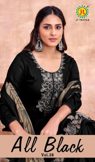 Jt All Black Vol 38, close-up of a black kurti with white thread work embroidery on the neckline and matching dupatta.