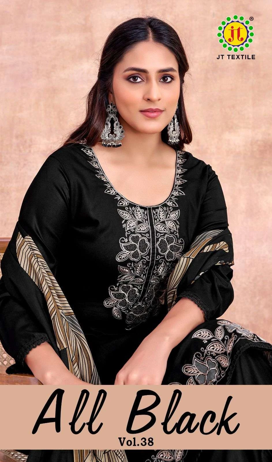 Jt All Black Vol 38, close-up of a black kurti with white thread work embroidery on the neckline and matching dupatta.