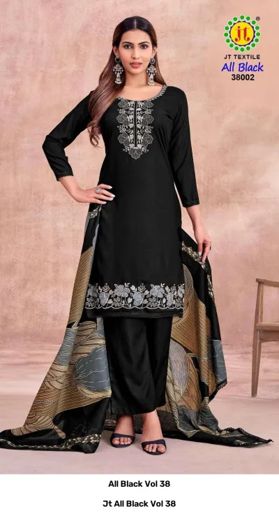 Jt All Black Vol 38, a model wearing a black kurti and pants set with white thread embroidery and a patterned dupatta.