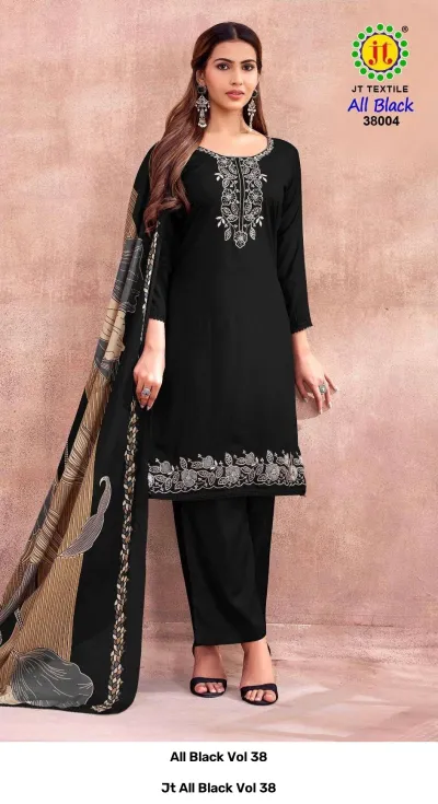Jt All Black Vol 38, black kurti and pants suit featuring white thread work on the hem and neck, with a printed dupatta.