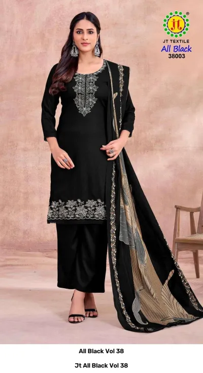 Jt All Black Vol 38, black kurti set with intricate white thread embroidery on the chest and hem, paired with a decorative dupatta.