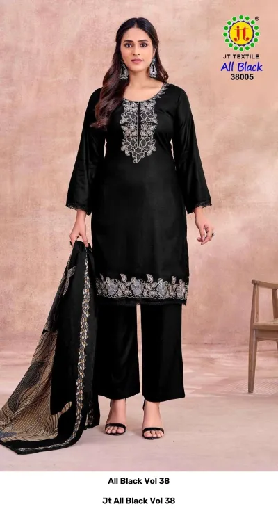 Jt All Black Vol 38, black kurti with white thread embellishments on the neckline and hem, paired with black pants and printed dupatta.