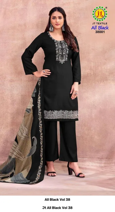 Jt All Black Vol 38, black kurti set with white thread work on the neck and border, styled with wide-leg pants and a dupatta.