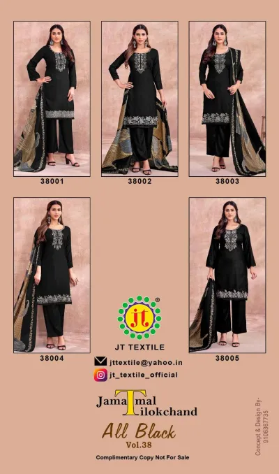 Jt All Black Vol 38, catalog collage showing five different designs of black kurti and pant sets with embroidery and printed dupattas.