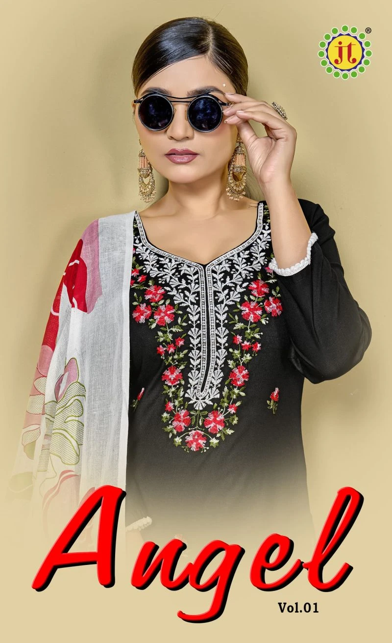 Jt Angel Vol 1: Close-up of a black kurti featuring floral thread work embroidery and a white floral printed dupatta.