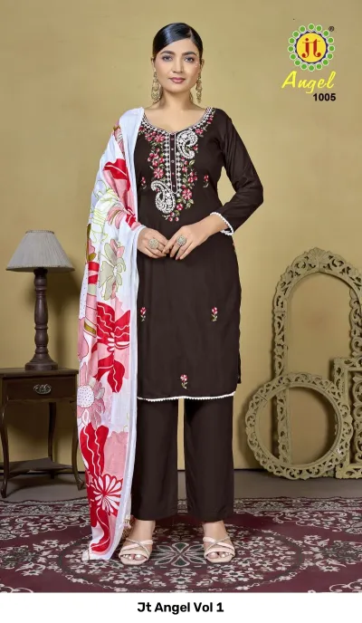Jt Angel Vol 1: Brown salwar suit featuring a plain kurti with floral embroidery, matching trousers, and a white floral printed dupatta.