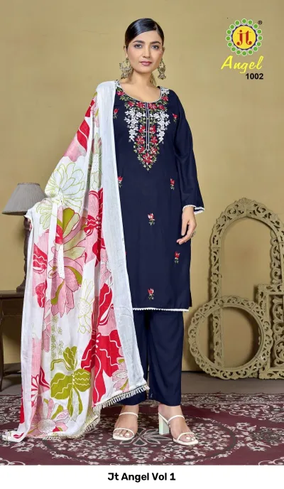 Jt Angel Vol 1: Navy blue salwar suit with floral thread work embroidery on the kurti, matching trousers, and a white floral printed dupatta.