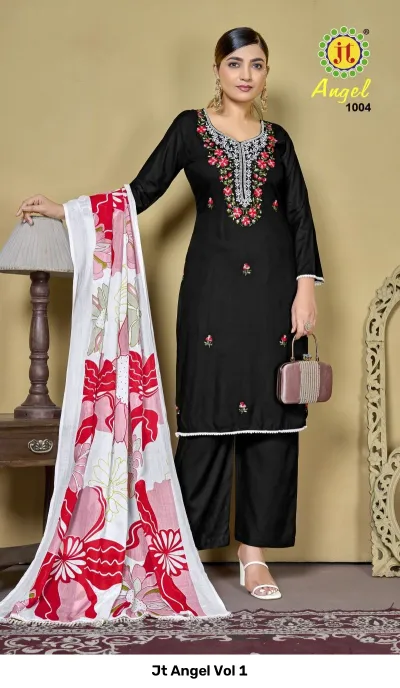 Jt Angel Vol 1: Black salwar suit with floral thread work embroidery on the kurti, matching trousers, and a white floral printed dupatta.