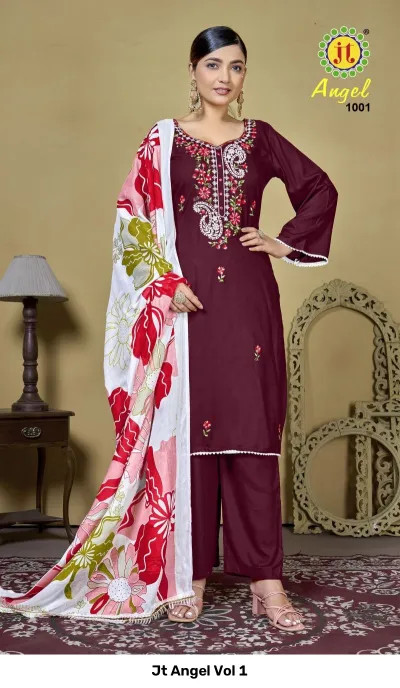 Jt Angel Vol 1: Maroon salwar suit featuring floral thread work embroidery on the kurti, matching trousers, and a white floral printed dupatta.