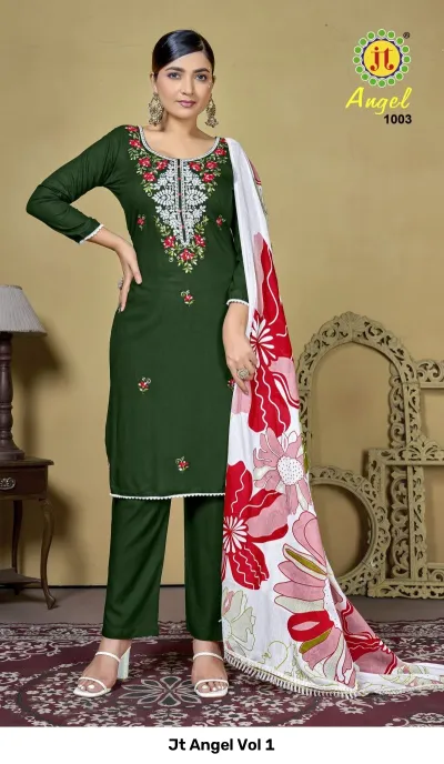 Jt Angel Vol 1: Dark green salwar suit with floral thread work embroidery on the kurti, matching trousers, and a white floral printed dupatta.