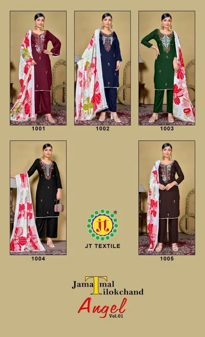 Jt Angel Vol 1: Catalog collage showing five different salwar suit designs with floral embroidery and printed dupattas.