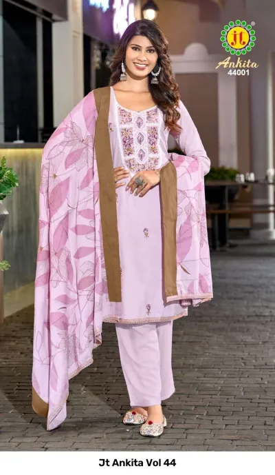 Jt Ankita Vol 44: Lavender salwar suit with floral printed dupatta, solid pants, and floral embroidery on the kurta neckline.