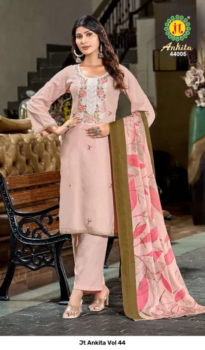 Jt Ankita Vol 44: Peach-pink salwar suit with a floral printed dupatta, featuring prominent floral thread embroidery on the chest area.