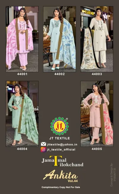 Jt Ankita Vol 44: Catalog cover collage displaying all five salwar suit designs with printed dupattas and embroidered necklines.