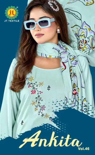 Jt Ankita Vol 46: Close-up of model wearing light mint green kurti with delicate floral thread work and a matching floral printed dupatta.