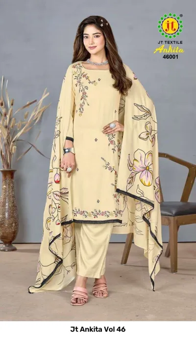Jt Ankita Vol 46: Cream salwar suit with minimal floral thread work embroidery and a matching floral printed dupatta with black trim.
