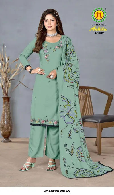 Jt Ankita Vol 46: Mint green salwar suit featuring minimal floral thread work embroidery and a matching floral printed dupatta.