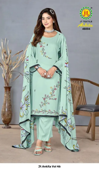 Jt Ankita Vol 46: Mint green salwar suit with floral thread work embroidery and a matching floral printed dupatta.