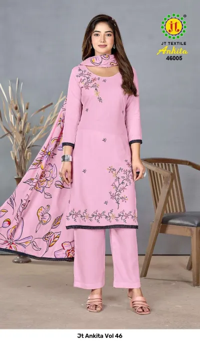 Jt Ankita Vol 46: Soft pink salwar suit with light floral thread work embroidery and a matching floral printed dupatta.