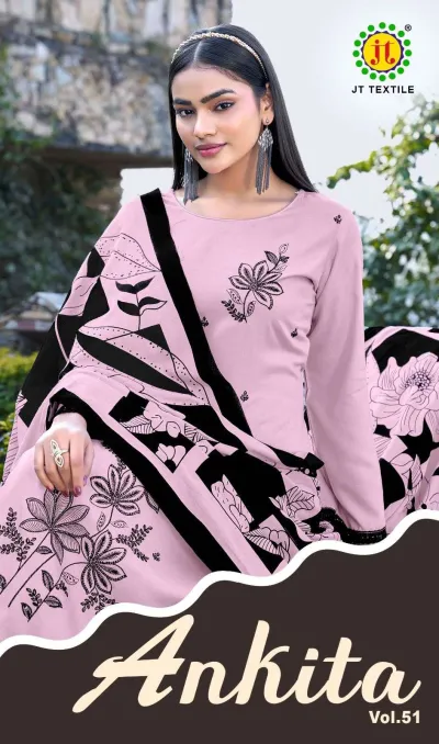 Jt Ankita Vol 51: A model wearing a light pink salwar suit featuring black floral-inspired thread work embroidery and a matching printed dupatta.