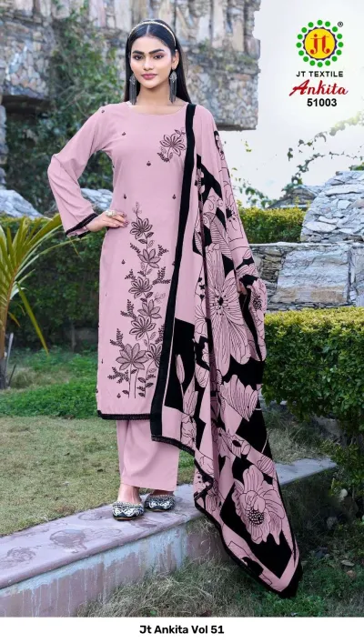 Jt Ankita Vol 51: A model wearing a light pink salwar suit with black floral-inspired embroidery and a matching black and pink printed dupatta.