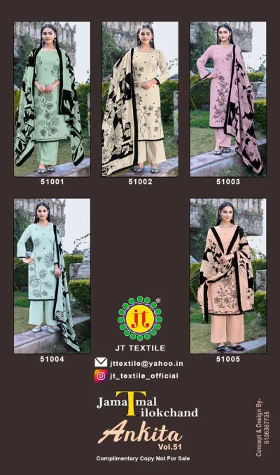 Jt Ankita Vol 51: A catalog collage displaying five different salwar suit designs in various colors with matching printed dupattas and thread work.